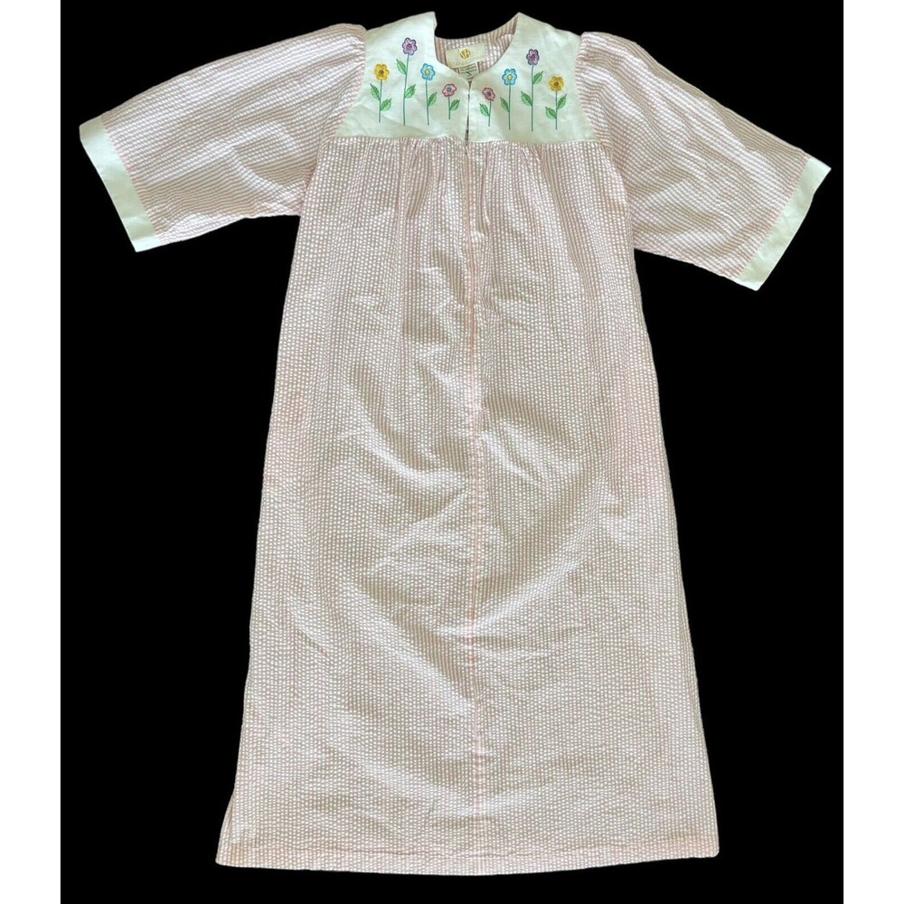 Vintage Stan Herman Caftan House Dress Embroidered Flowers Seersucker Pink White